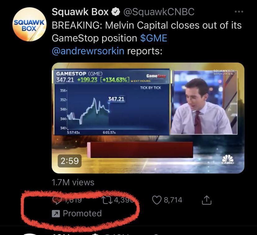 CNBC promoted Twitter ad claims Melvin Capital closed out of its GameStop position